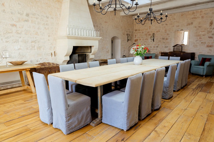 The dining table and traditional stone walls